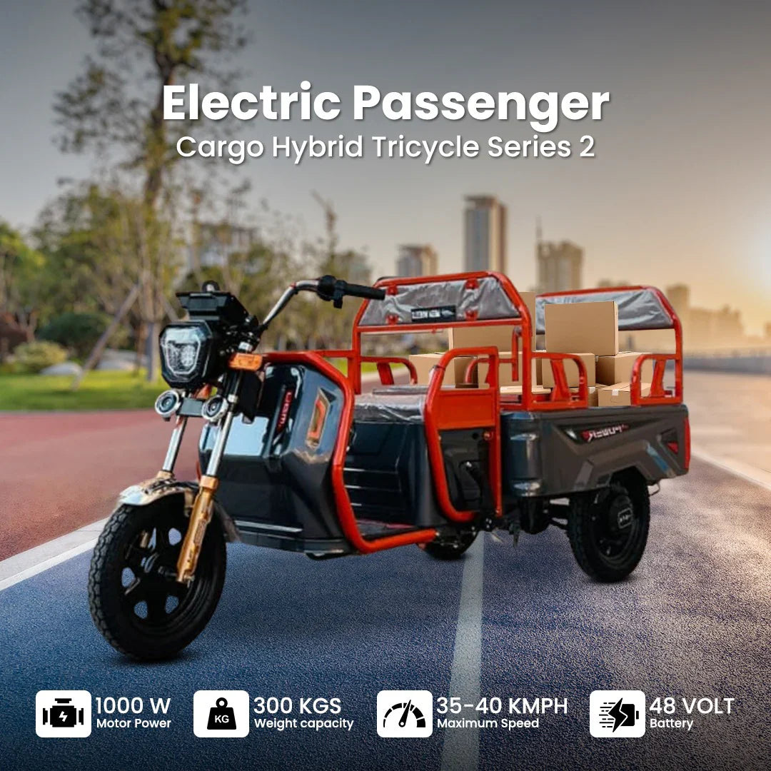 Electric passenger cargo hybrid tricycle on a road with cityscape background