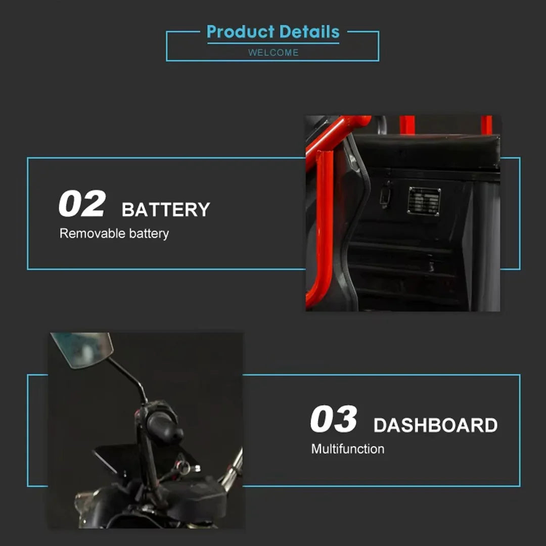 Product details of a vehicle with removable battery and multifunctional dashboard on a dark background.