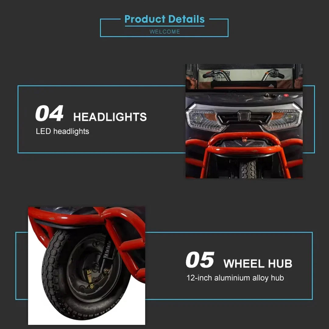 Product details of headlights and wheel hub on a dark background