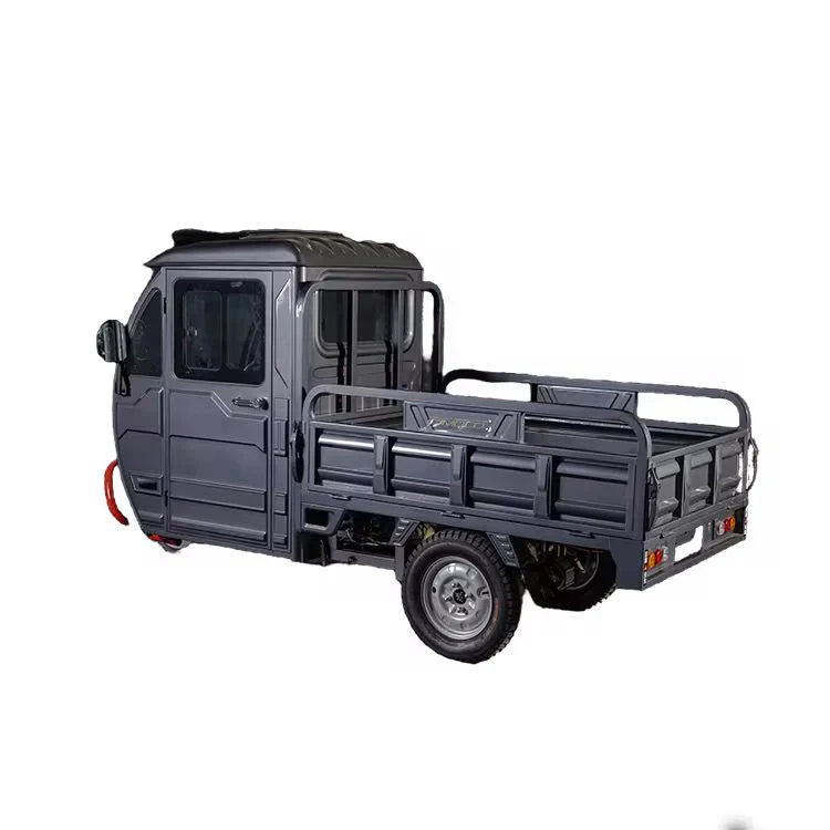 Gray pickup truck with an open bed on a white background