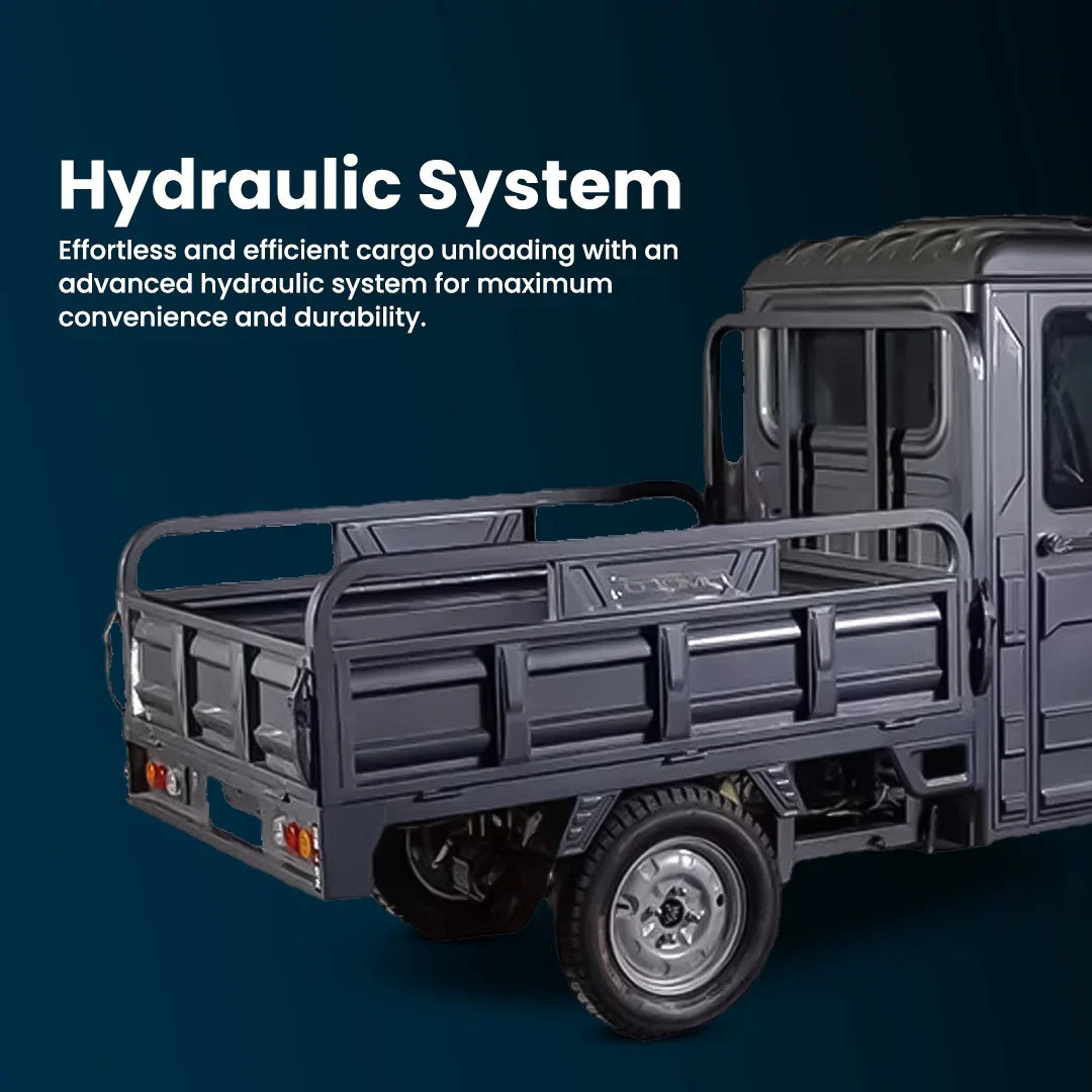 Truck with a hydraulic system feature highlighted on a dark blue background