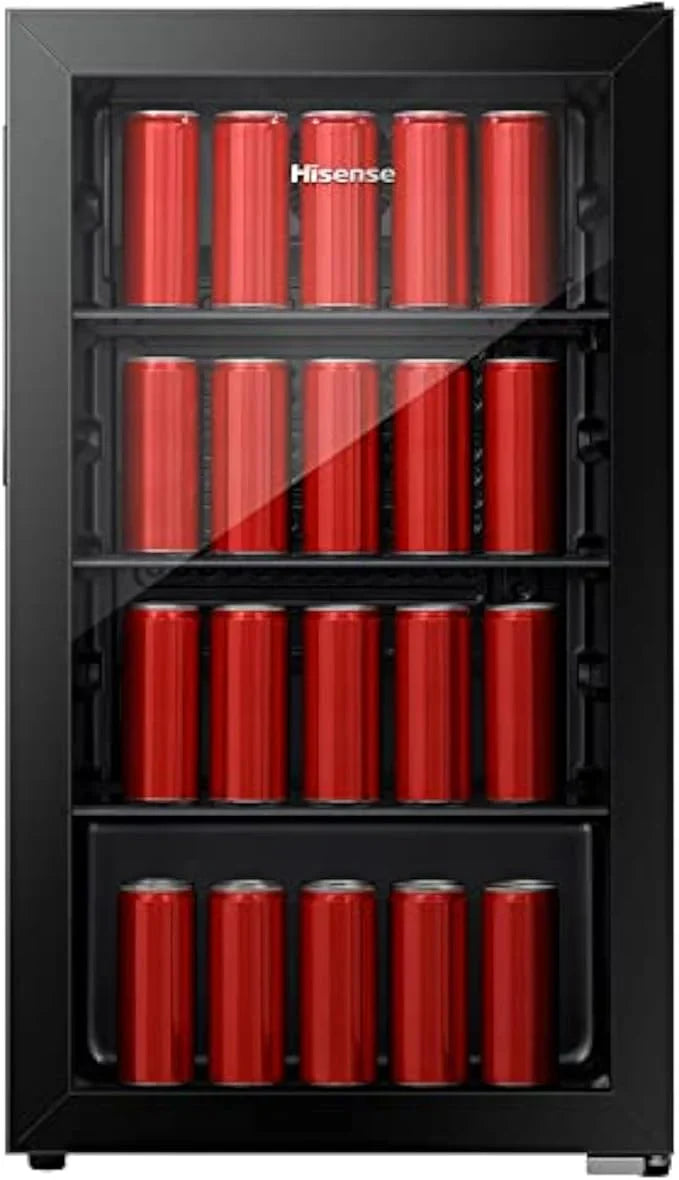 Hisense beverage cooler with red cans inside