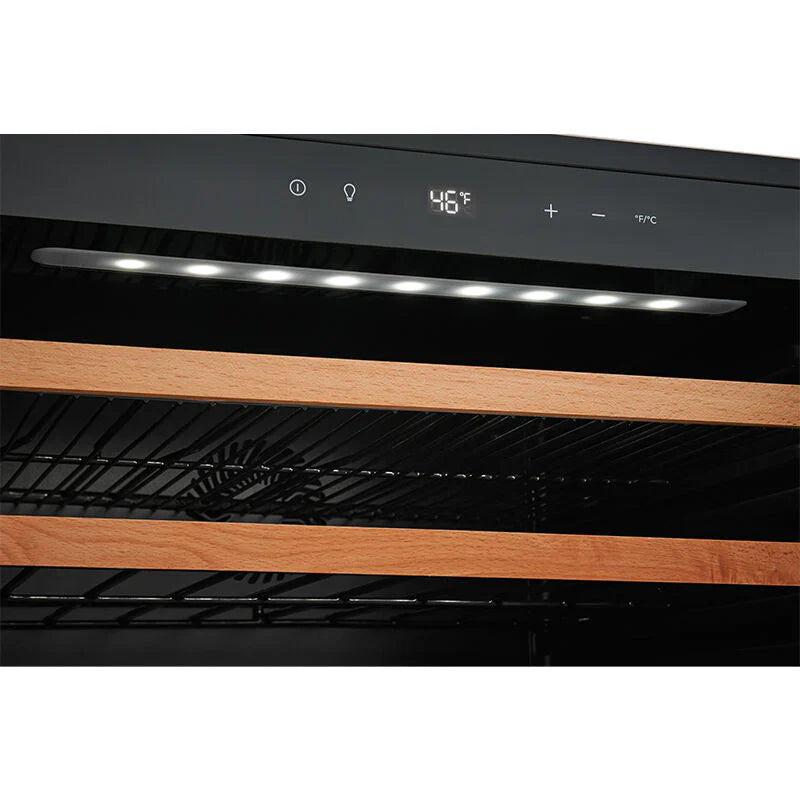 Wine cooler with wooden door panels and digital display on a white background