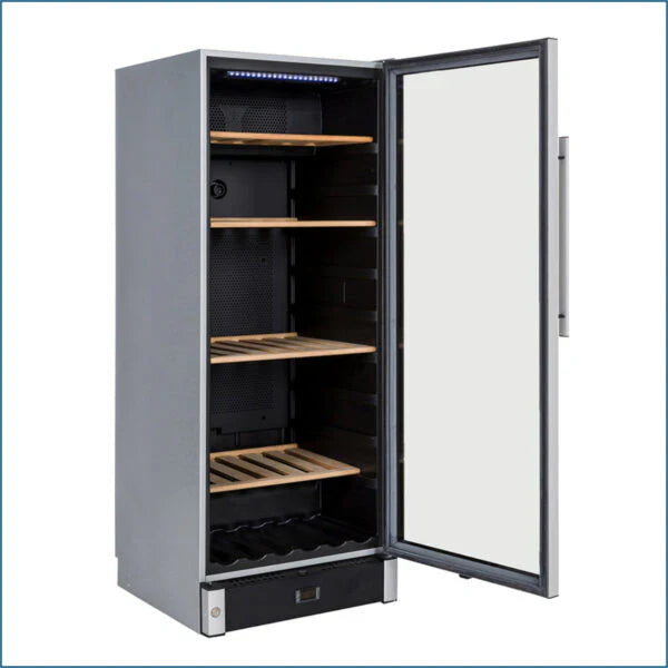Wine cooler with open door on a white background
