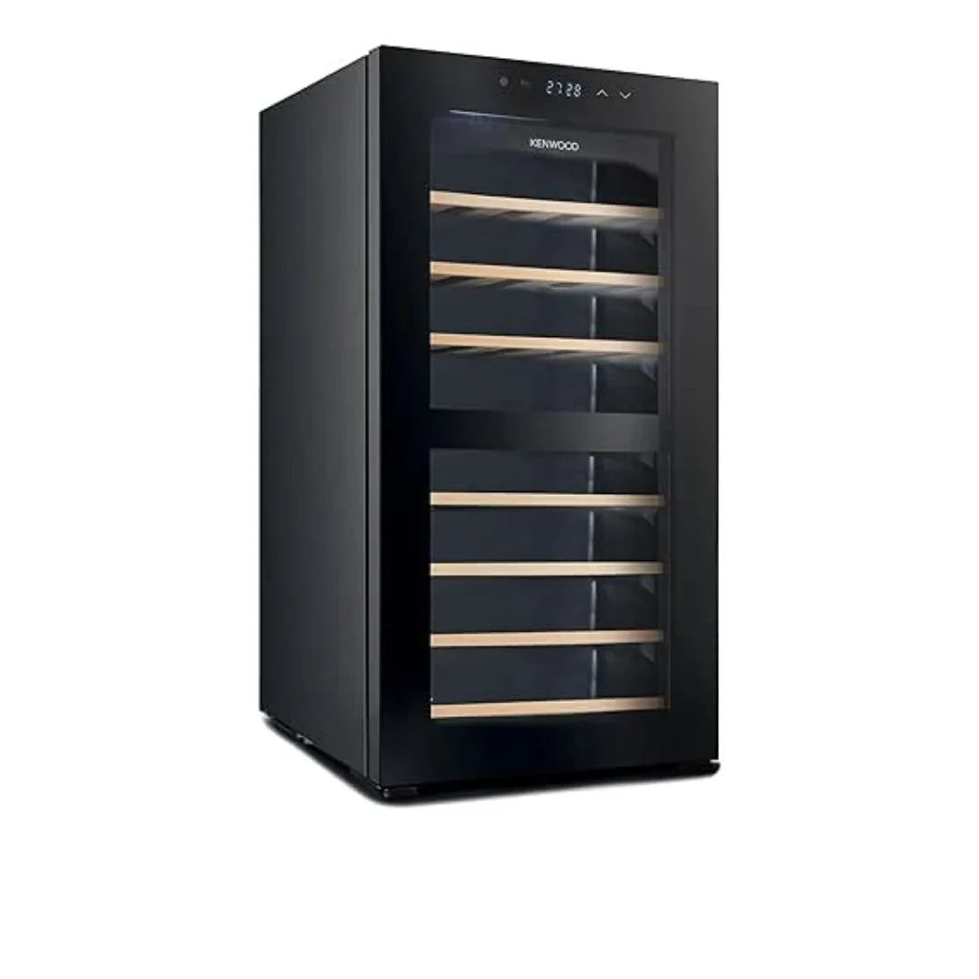 Black wine cooler with glass door on a white background