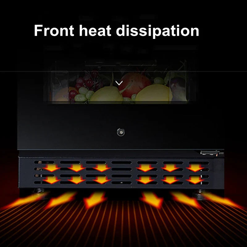 Fridge with front heat dissipation system highlighted on a dark background