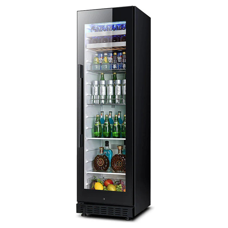 Black refrigerator with glass door displaying various drinks and fruits on a white background