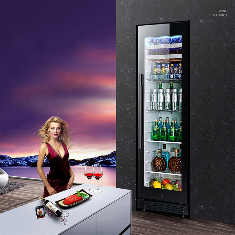 Wine cabinet with drinks and snacks on a dark wall next to a scenic outdoor setting with a woman.