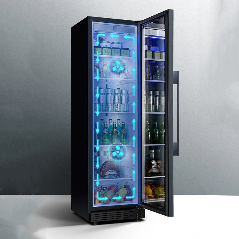 Black refrigerator with glass door displaying various drinks on a gray background