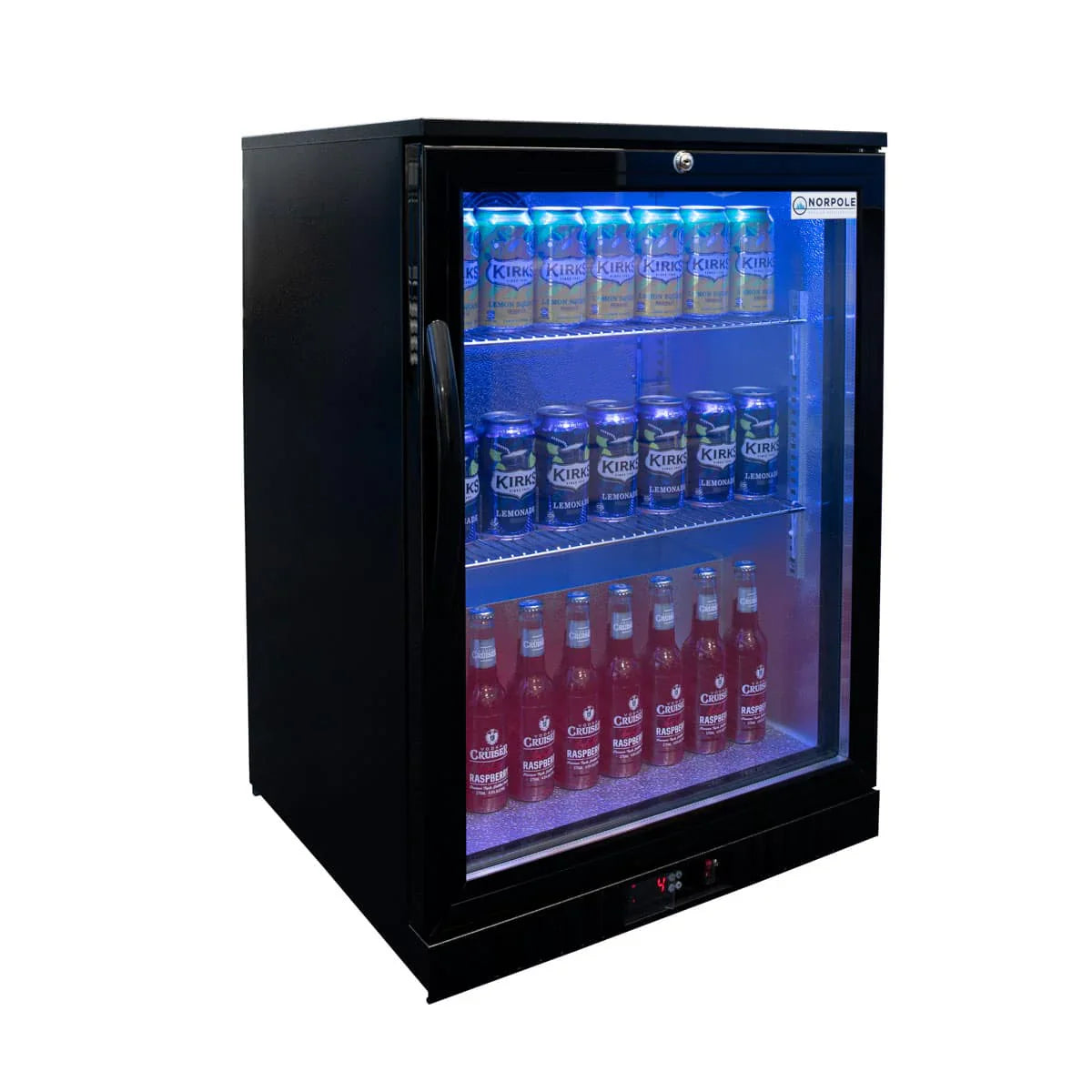 Black beverage cooler with glass door displaying various bottles inside.