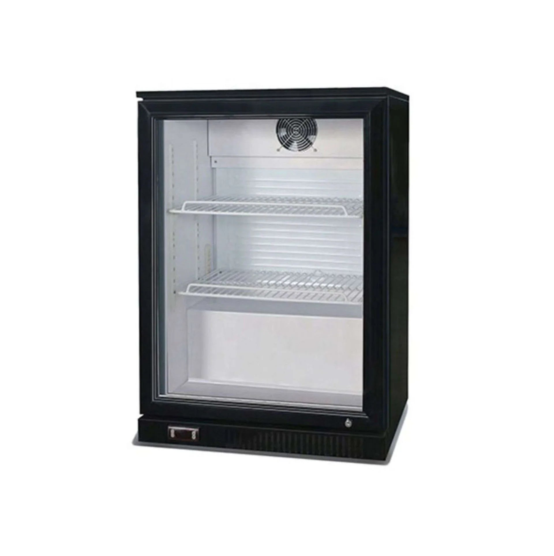 Black glass-fronted refrigerator on a white background