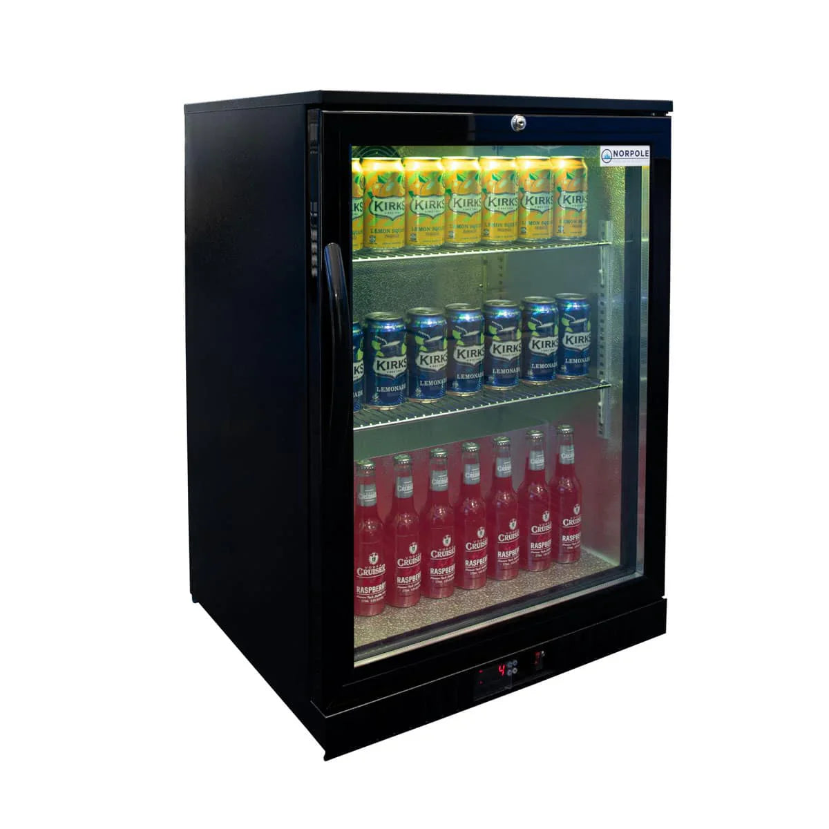 Black refrigerator with glass door displaying various drinks on a white background