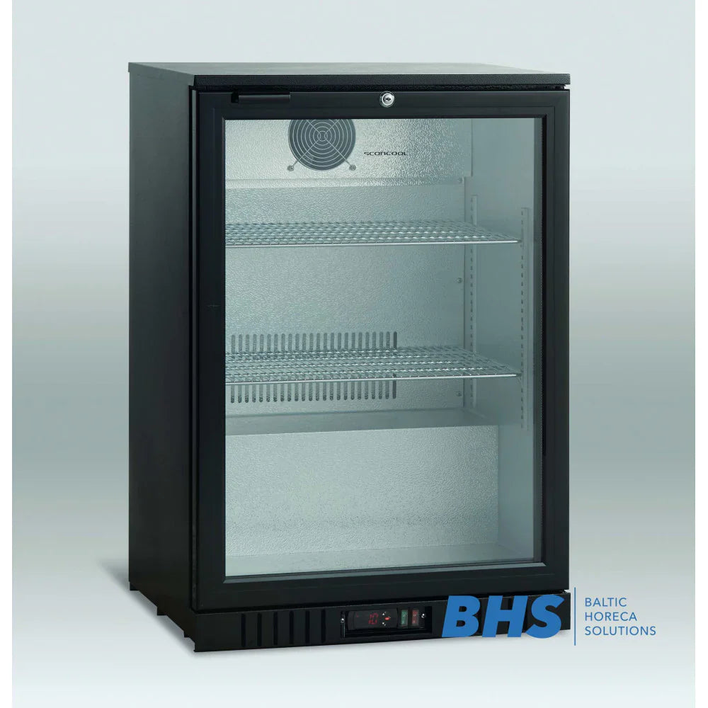 Black refrigerator with glass door on a light gray background, featuring the BHS logo.