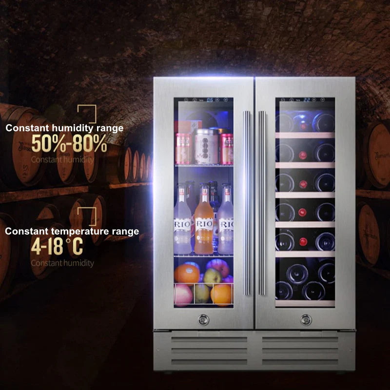 Double-door wine and beverage cooler with product display in a cellar setting