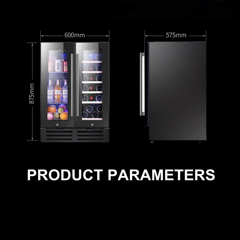 Wine cooler with dimensions labeled on a black background