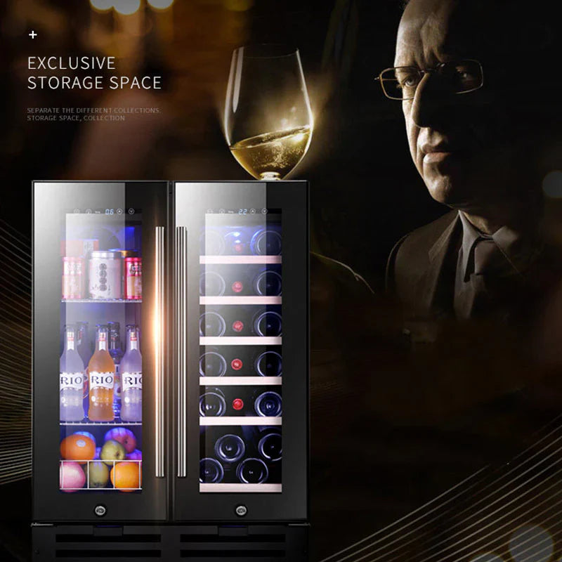 Wine cooler with bottles and a man holding a glass of wine, with text 'Exclusive Storage Space'.