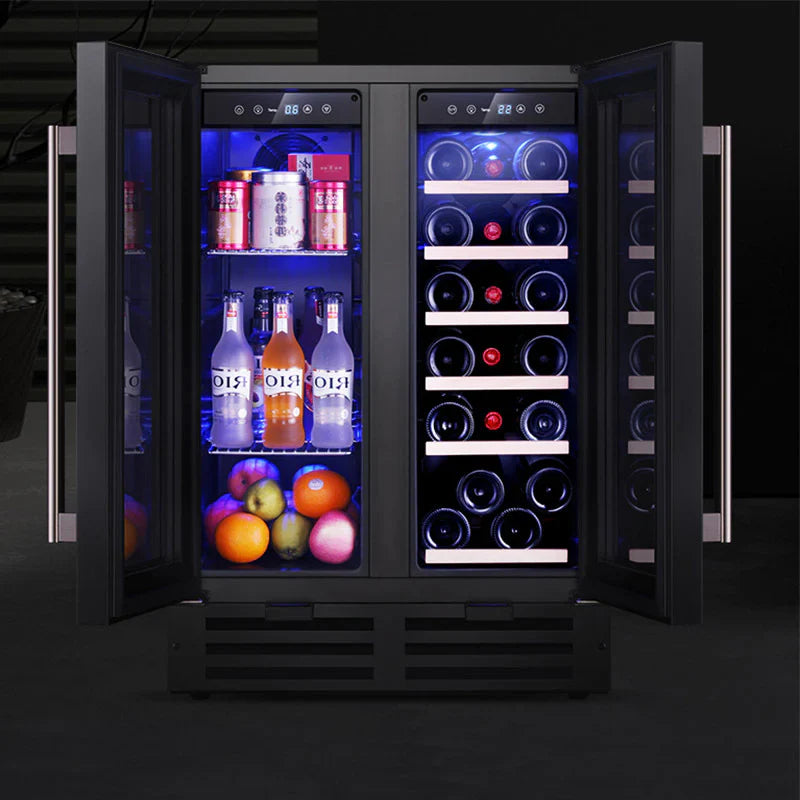 Multifunctional refrigerator with open doors displaying drinks and fruits on a dark background