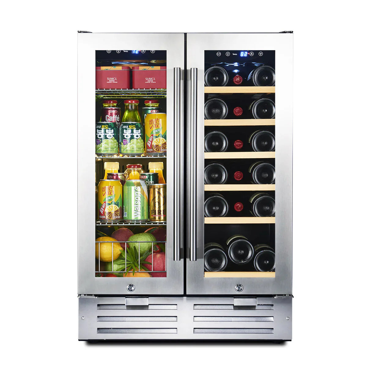 Two-door refrigerator with a wine cooler on the right and a drinks cooler on the left, filled with various items.