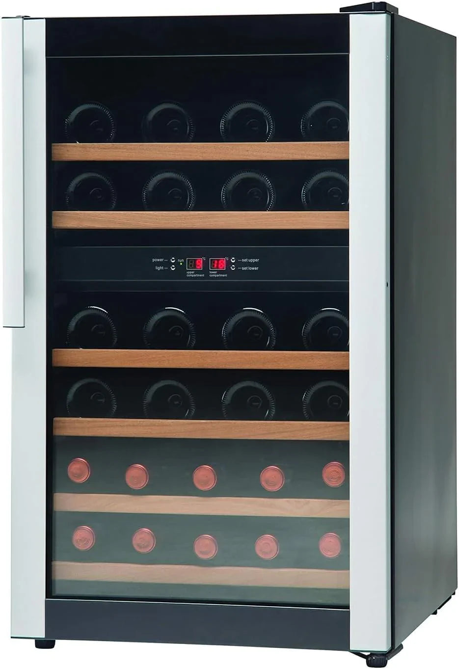 Wine cooler with glass door displaying wine bottles on wooden shelves.