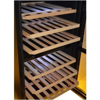 Wine rack inside a refrigerator with wooden shelves