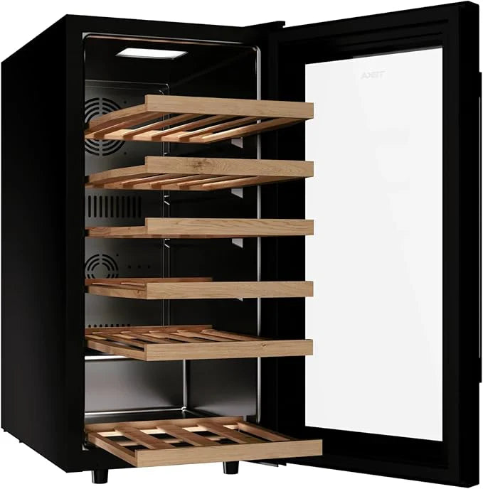 Black wine cooler with wooden shelves on a white background