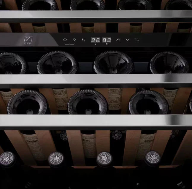 Wine bottles in a ZLINE wine cooler with digital display.