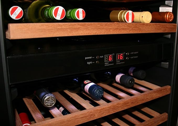 Wine cooler with wooden shelves holding wine bottles, digital display showing temperature.