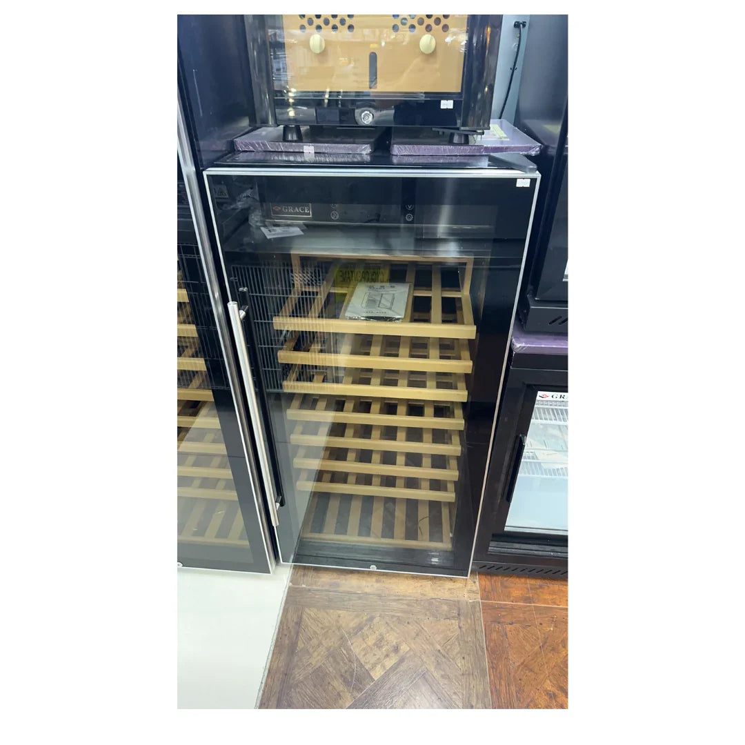 Wine cooler with wooden racks on a white background