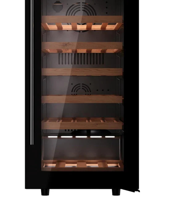 Wine cooler with wooden shelves and black exterior on a white background
