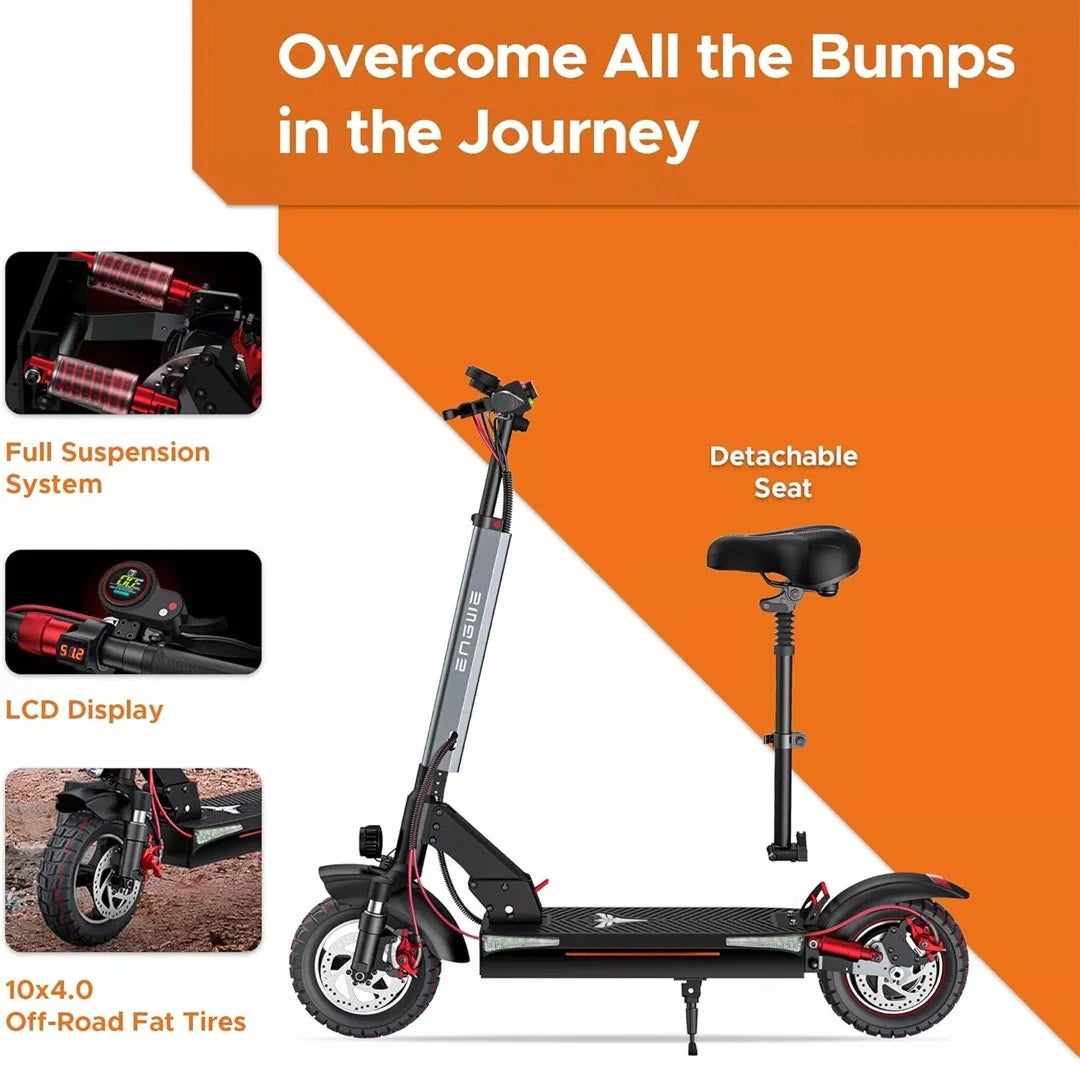 Electric scooter with features highlighted on an orange and white background