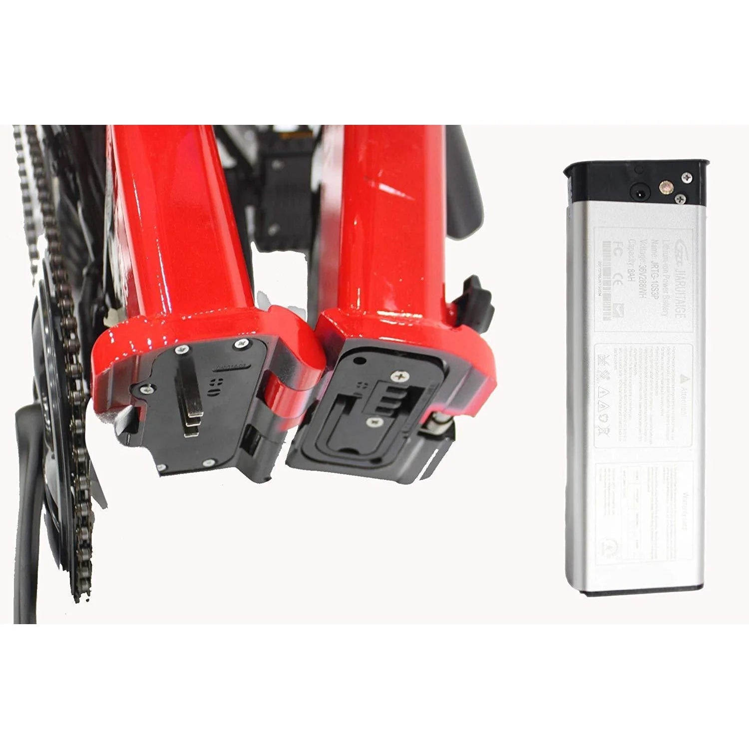 Red bicycle frame with black components and a silver battery pack on a white background