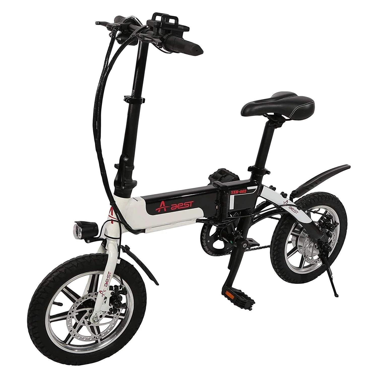 Foldable electric bike with white frame and black components on a white background