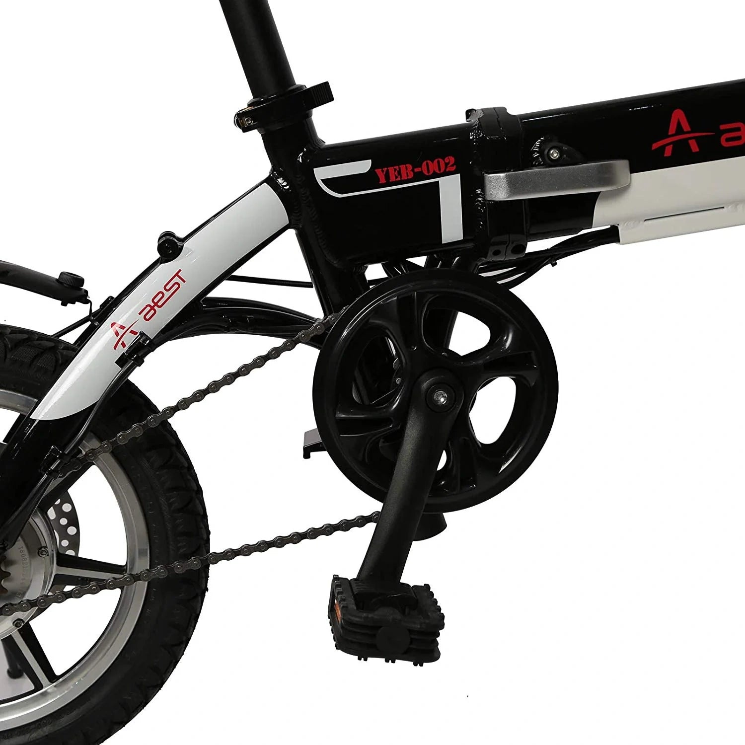 Close-up of a folding bike with visible branding on a white background