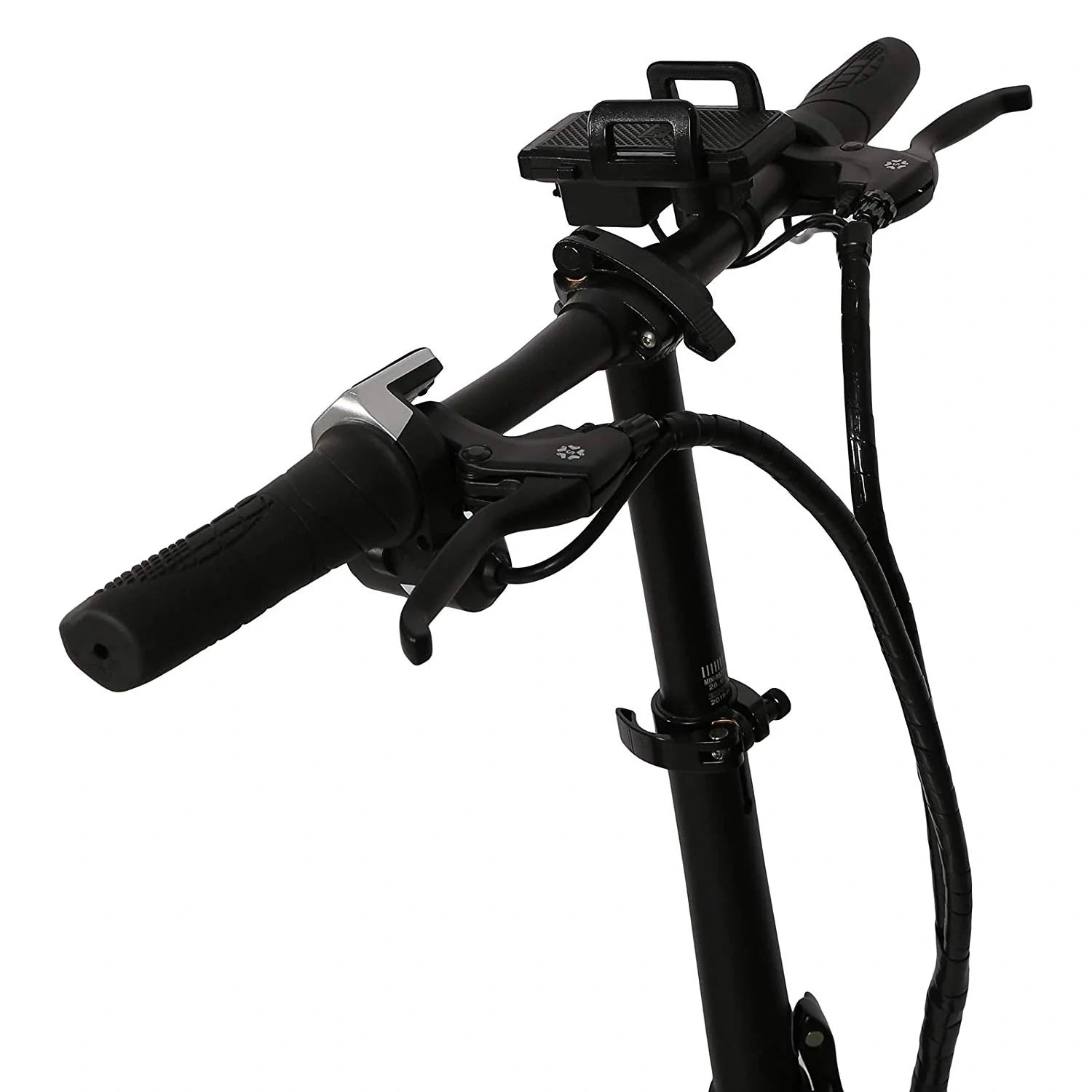 Close-up of a black scooter handlebar with controls on a white background
