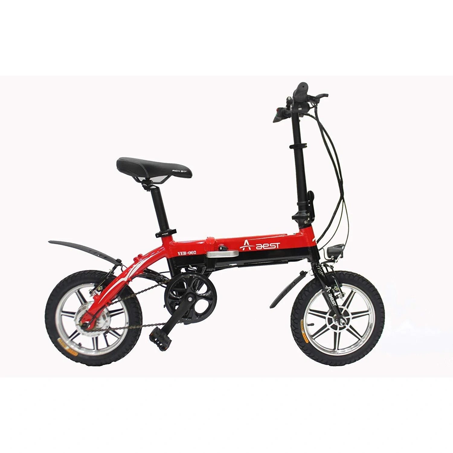 Red and black folding bicycle on a white background