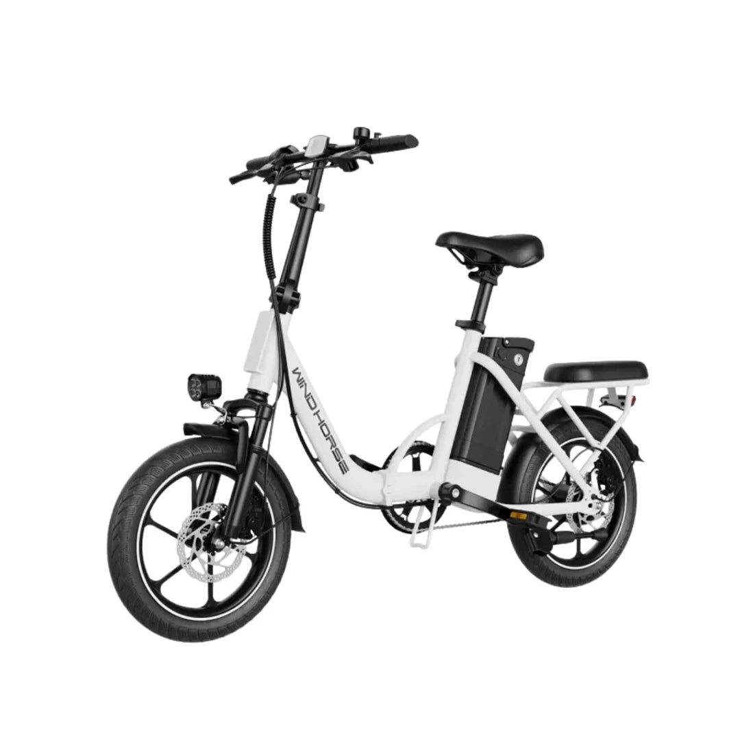 White electric bike with black accents on a white background