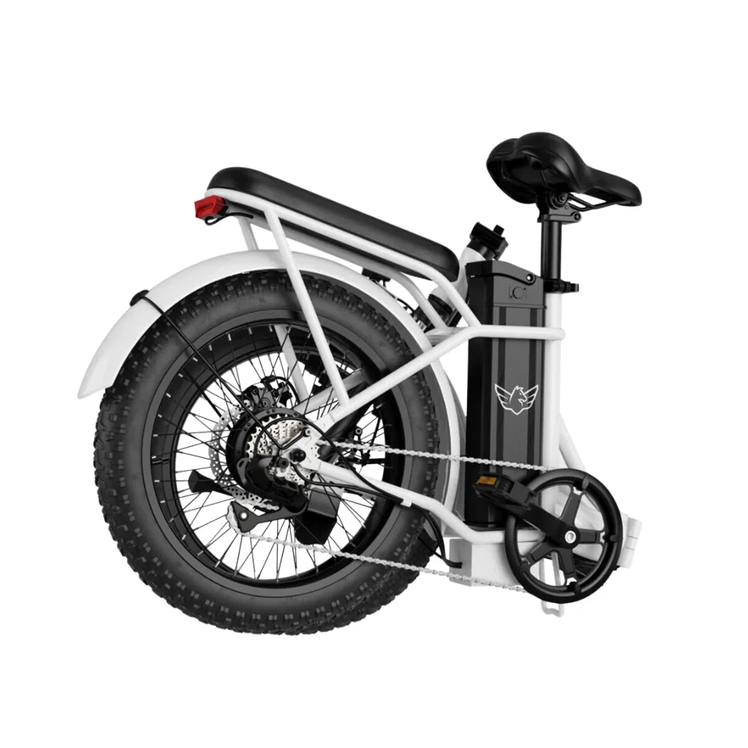 White electric bike with black wheels on a white background
