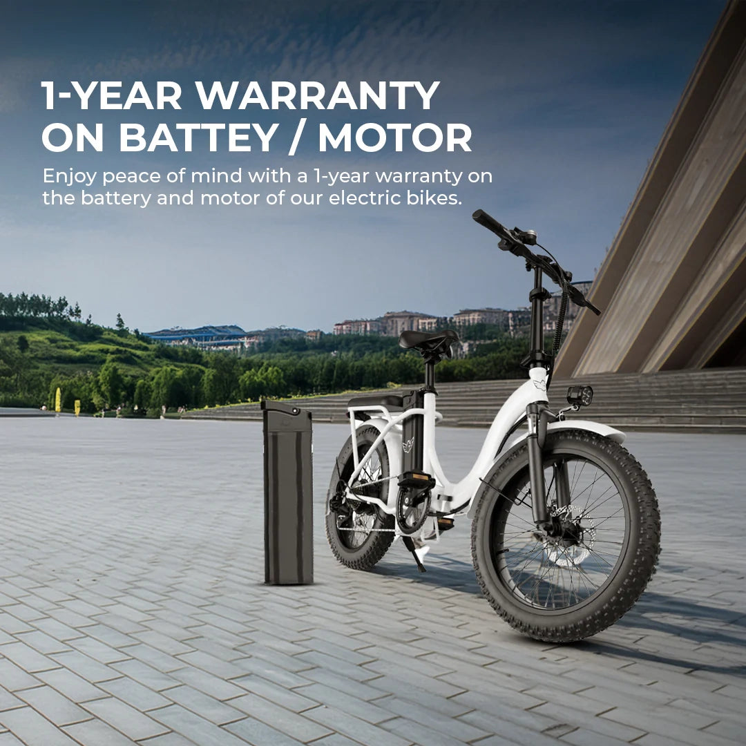 Electric bike on a paved area with a building and greenery in the background, featuring a 1-year warranty text.