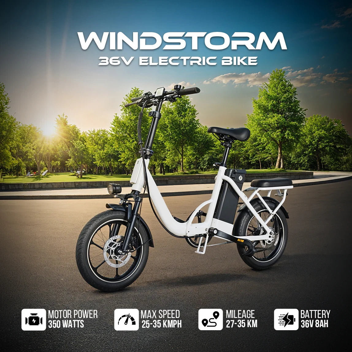 White electric bike with 'Windstorm' branding on a road with trees in the background