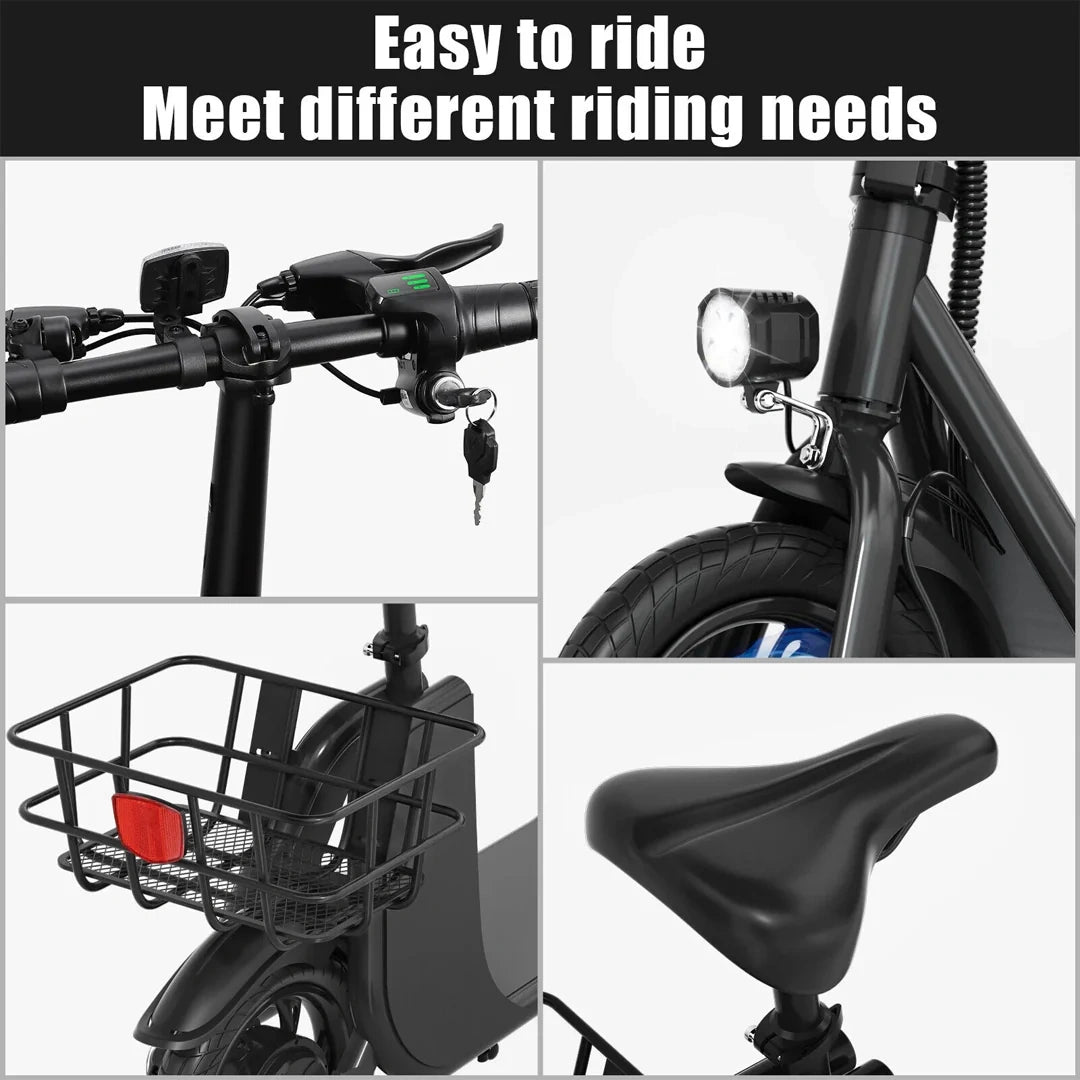 Collage of an electric bike with various features and text 'Easy to ride Meet different riding needs'.