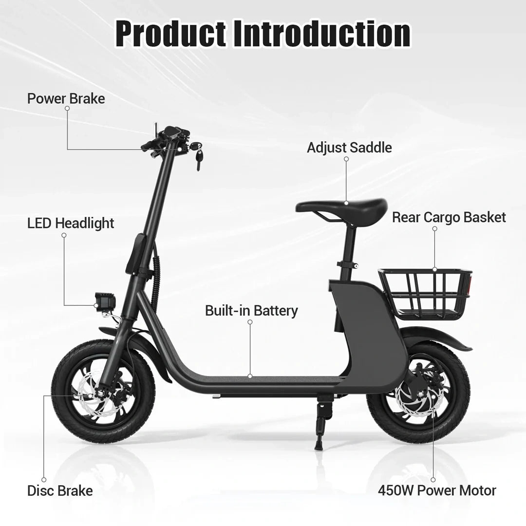 Black electric scooter with labeled features on a white background