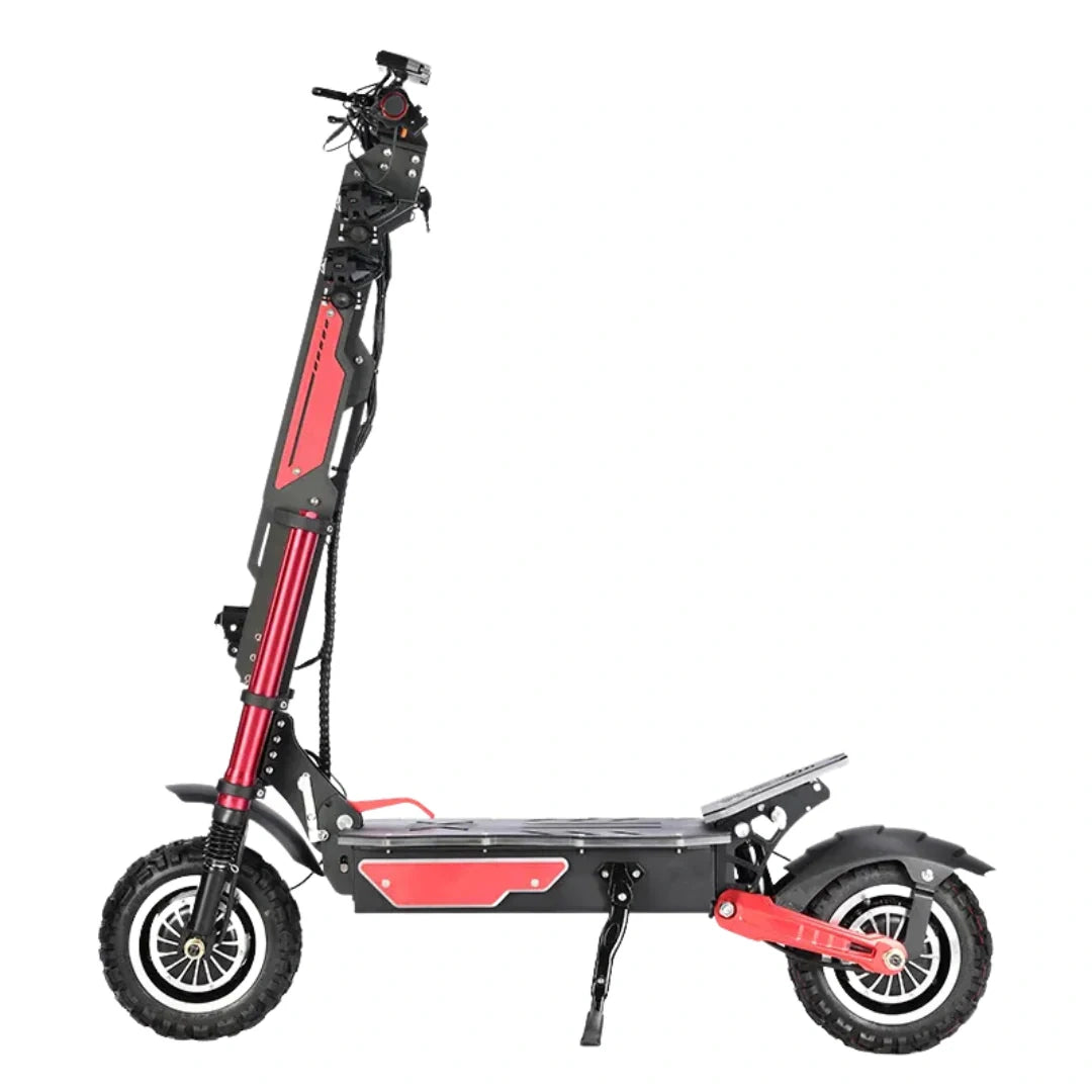 Red and black scooter with extended stand on a white background