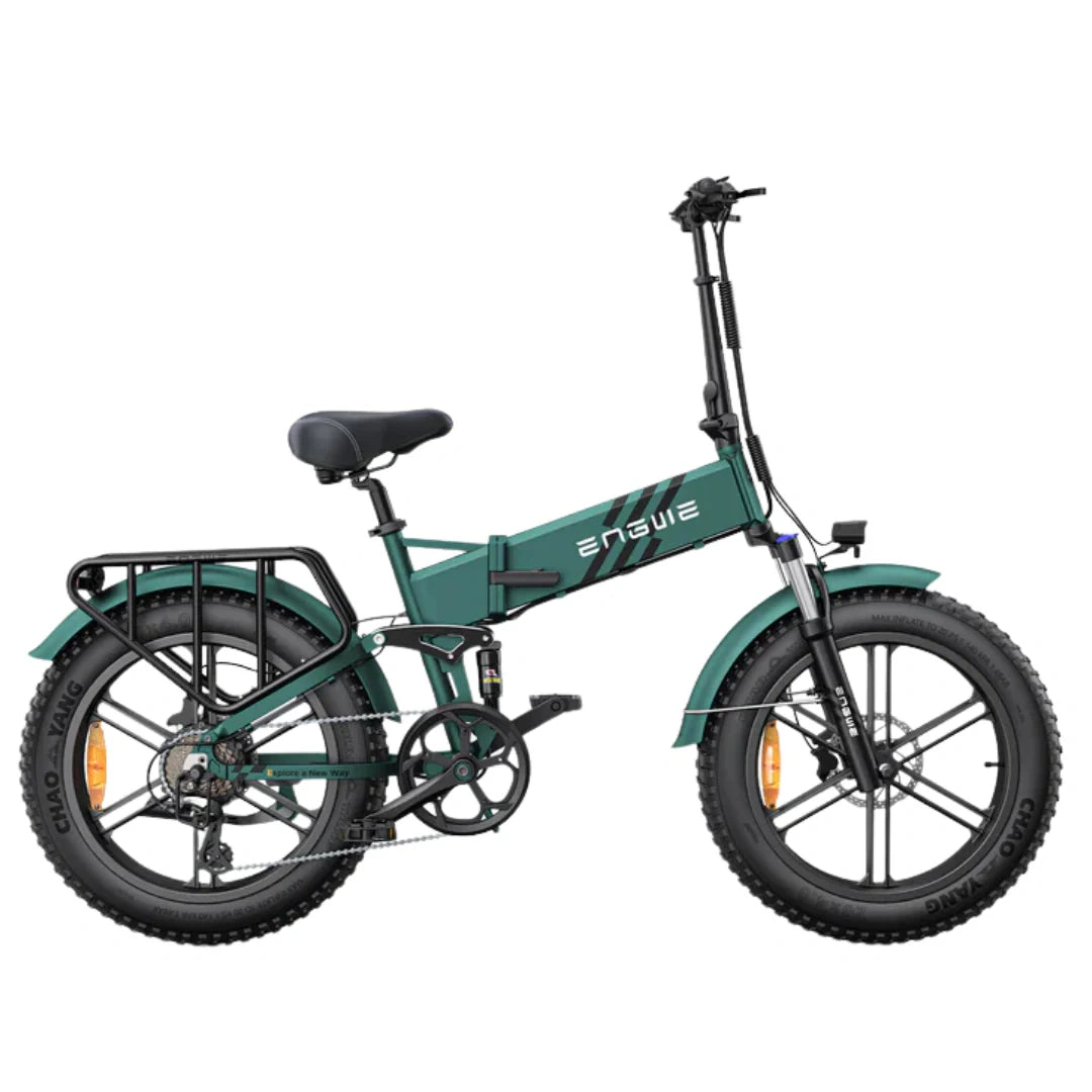 Green electric bike with black frame and tires on a white background