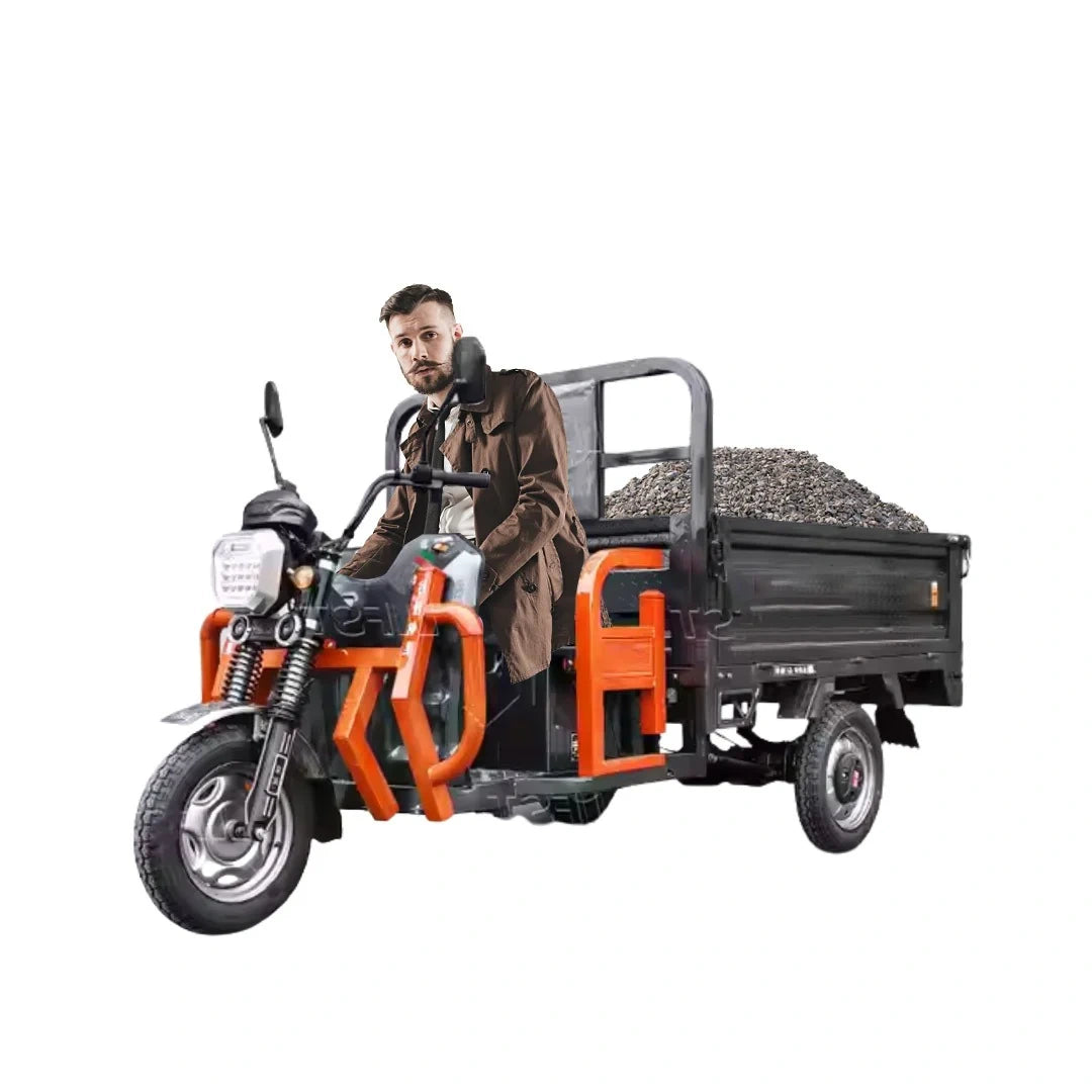 Man sitting on an orange and black three-wheeled motorcycle with a cargo bed on a white background