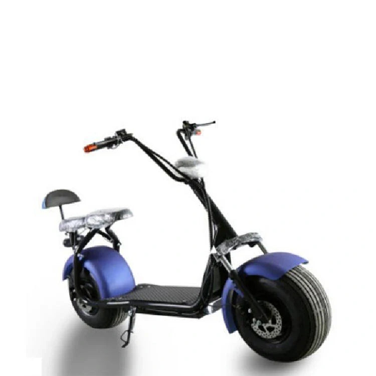 Black and blue scooter on a white background