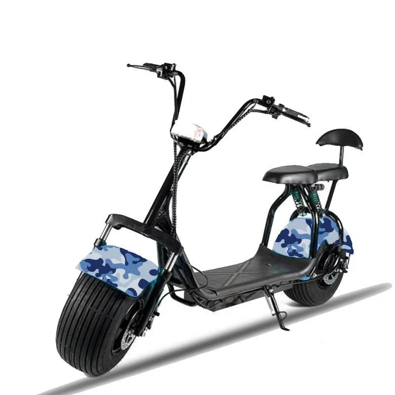 Black electric scooter with blue camouflage pattern on wheels against a white background