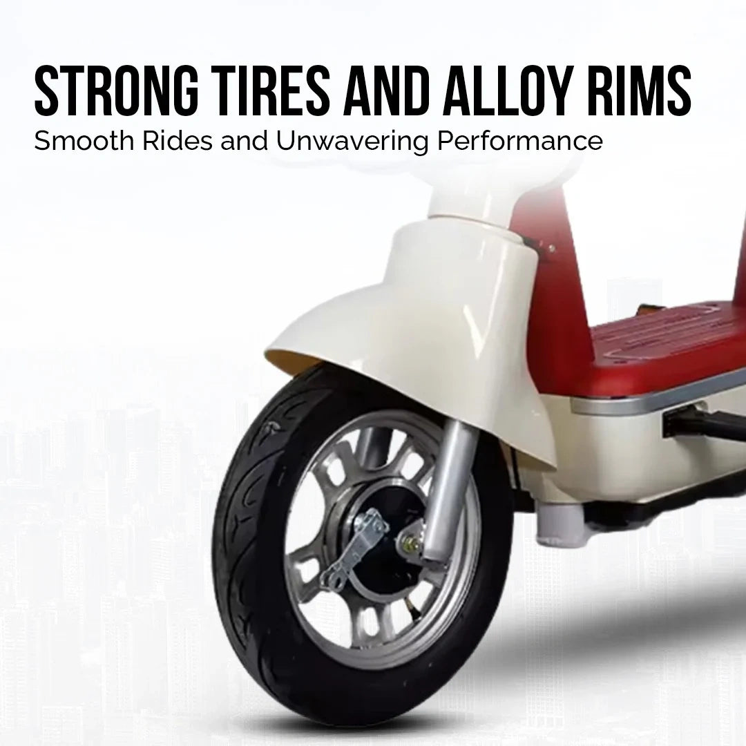 Close-up of a scooter wheel with 'Strong Tires and Alloy Rims' text on a white background