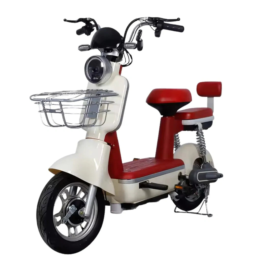 White and red scooter with a basket on a white background