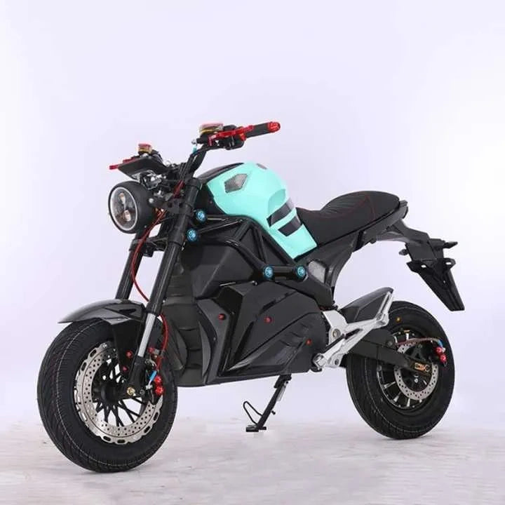 Modern electric motorcycle with a black and teal design on a white background