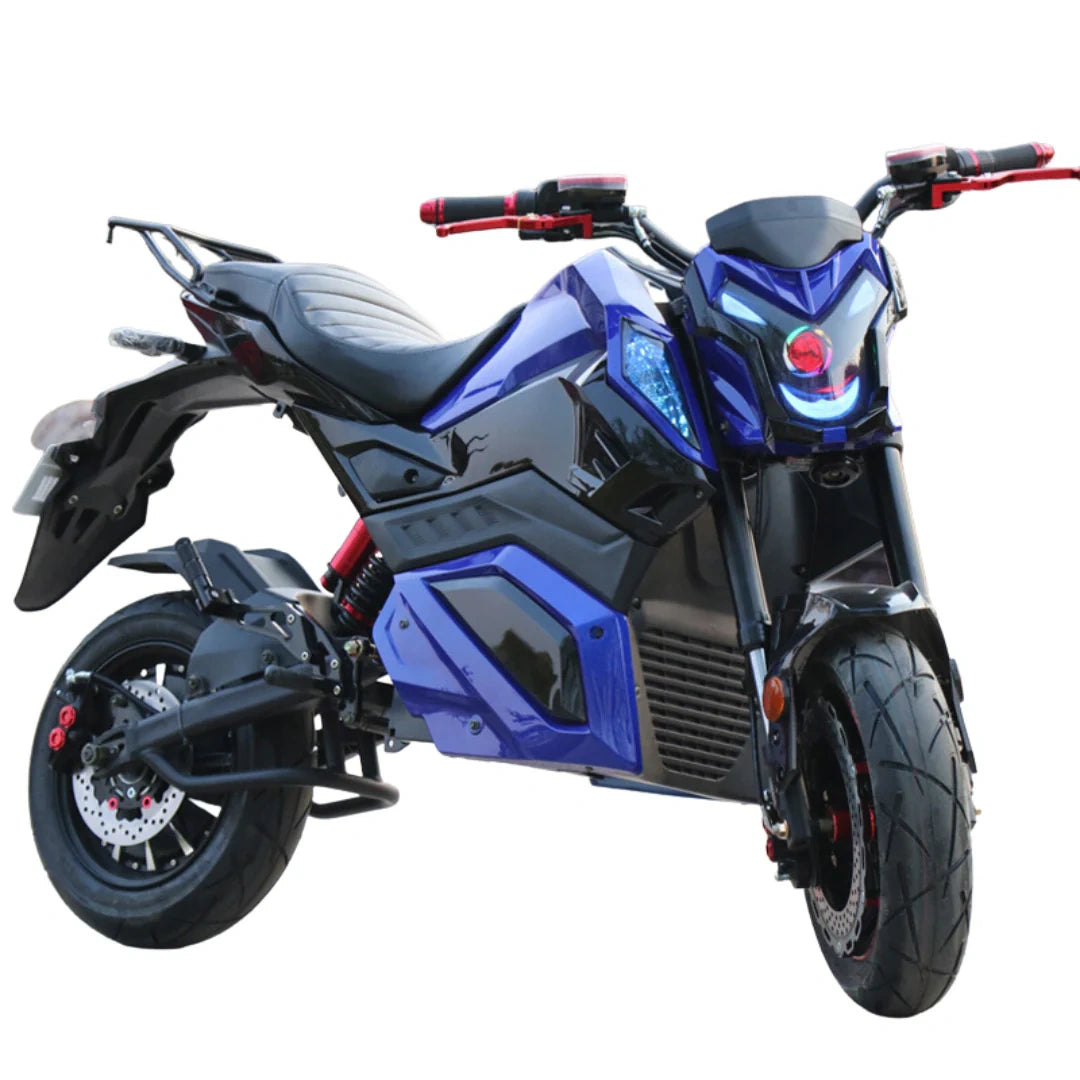 Blue and black motorcycle on a white background